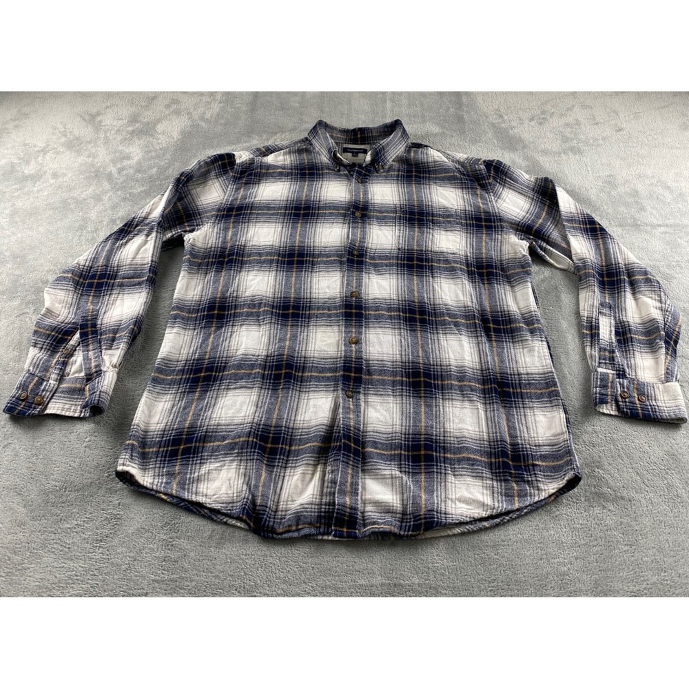 Croft & Barrow Mens Large Flannel Plaid Button Down Shirt Navy Blue White Yellow